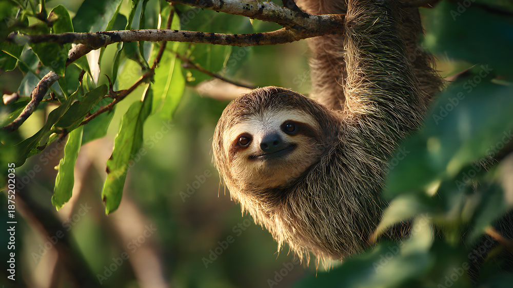Fototapeta premium Cute Sloth Hanging from Tree Branch in Dense Green Forest for World Wildlife Day Conservation Awareness