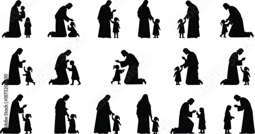 Muslim parent and child prayer silhouettes, Islamic family worship moments, teaching kids faith devotion, black vector illustration isolated