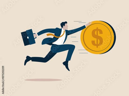A dynamic businessman is depicted energetically reaching for a golden coin, symbolizing ambition, opportunity, and the pursuit of success in a competitive environment.