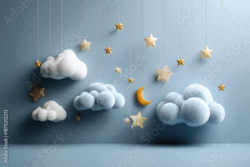 Soft 3D clouds with moon and stars blue background for baby shower and nursery design. Cute dreamy scene for newborn invitation, kids poster and children decor.