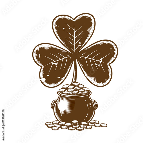 Drawing Vintage Brown four leaf clover with coin pot and coins on white background  symbol of good luck and wealth