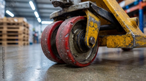 Industrial pallet jack wheel close-up on warehouse floor  