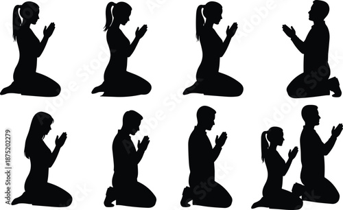 People praying silhouettes collection, man and woman kneeling prayer poses, religious faith devotion concept, black vector illustration isolated