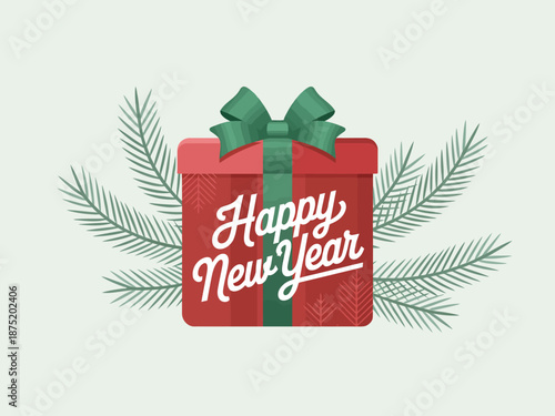 A cheerful illustration of a gift box adorned with festive decorations and a bright ribbon, conveying joy and anticipation associated with the New Year celebrations.