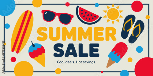 An engaging illustration promoting a summer sale, filled with vibrant colors and playful elements like sunglasses and ice cream, embodying the fun and joy of summer shopping.