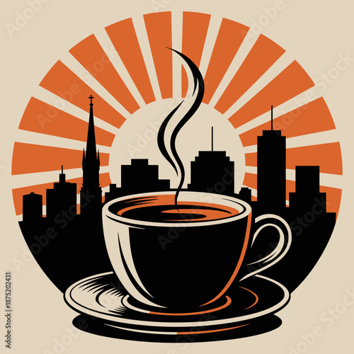 A warm cup of coffee rises against a backdrop of a city skyline and a vibrant sunrise, capturing the essence of morning tranquility and urban liveliness.