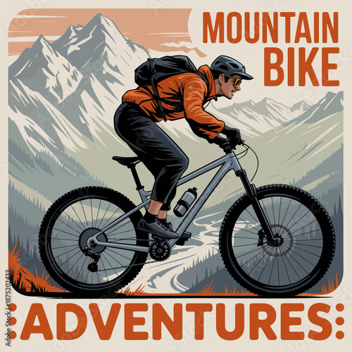 An adventurous mountain biker rides confidently along a rugged trail, surrounded by breathtaking mountains, embodying freedom, challenge, and the thrill of the outdoors.