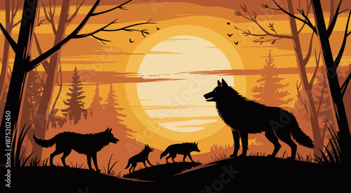 A captivating silhouette of wolves against a vibrant sunset showcases the beauty of wildlife and evokes a sense of adventure and freedom in nature’s wilderness.