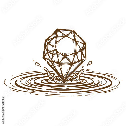 Drawing Vintage Brown geometric diamond shape splashing into water creating ripples and droplets isolated on white background