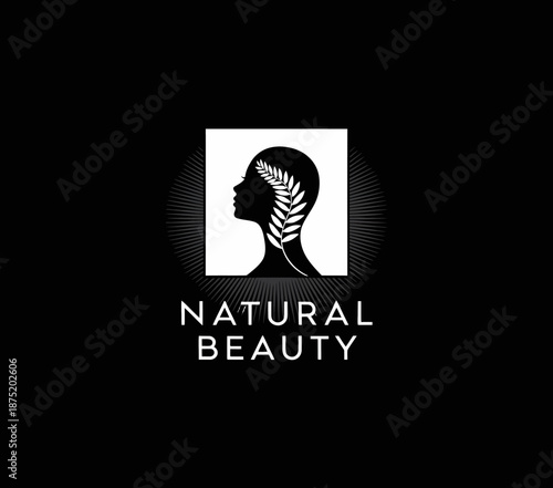 A minimalist logo featuring the silhouette of a woman's profile intertwined with leaves, representing natural beauty, wellness, and holistic care in a stylish and elegant manner.