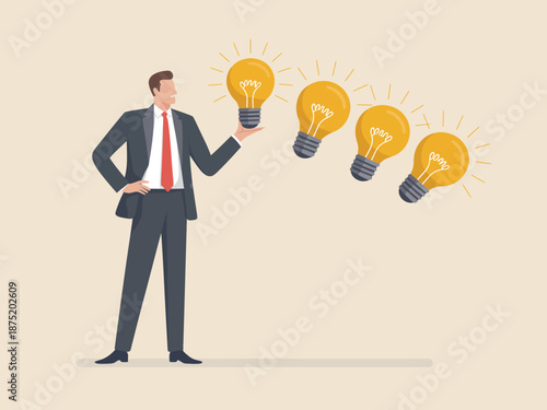 A confident businessman presenting four light bulbs to represent creativity, innovative ideas, and the spark of inspiration in a professional setting, emphasizing entrepreneurship.