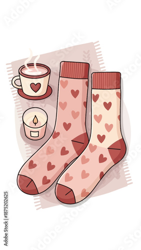 Warmhearted comfort scene featuring patterned socks, steaming mug, and soft candlelight creating a