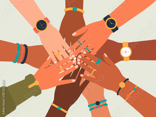An artistic display of diverse hands wearing various jewelry and watches, symbolizing unity, diversity, elegance, and the beauty of personal expression through accessories.
