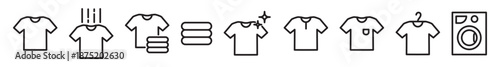 T-shirts line icon set, editable stroke isolated on transparent background. Icon of neatly stacked pile of T-shirts. Washing, drying, ironing service icons. Clean shirt linear icons.
