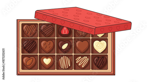 An inviting illustration of a delightful assortment of heart-shaped chocolates in an open red gift