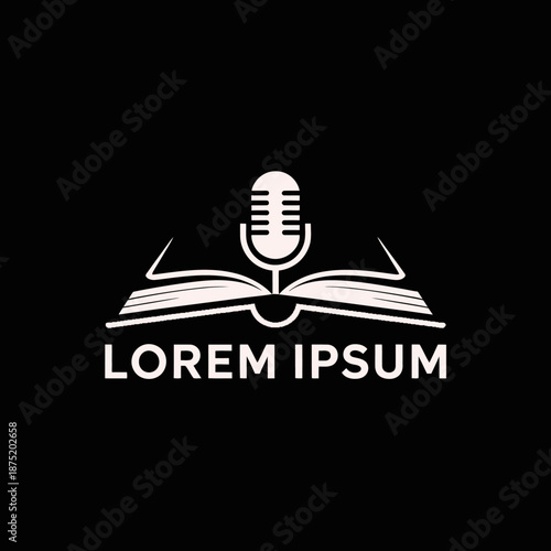 This podcast logo design combines a book and microphone to symbolize storytelling through audio, appealing to creators and audiences in the digital age of information.