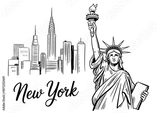 A stylish black and white illustration showcasing the iconic New York City skyline alongside the Statue of Liberty, representing freedom and urban life.