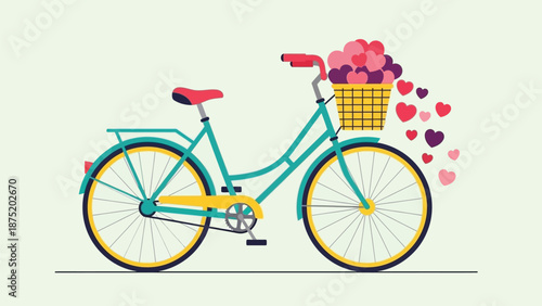 Charming teal bicycle with a basket overflowing with colorful hearts illustrating a joyful journey