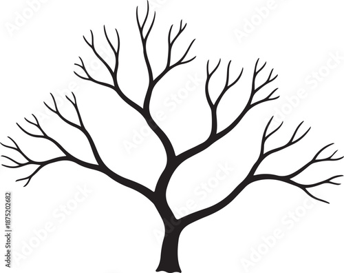 Black tree silhouette with bare branches on white background