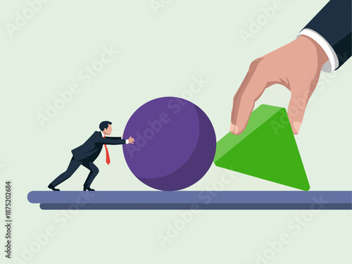 An illustration featuring a businessman pushing a large purple sphere while a hand manipulates a green triangle, representing challenges, persistence, and problem-solving in business.