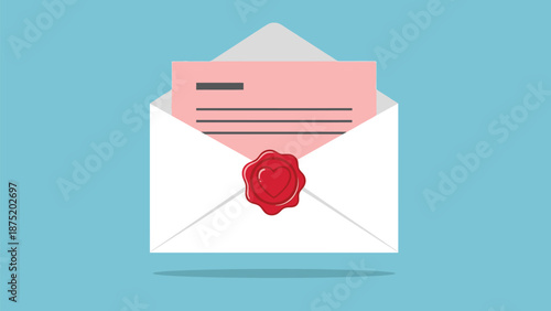 A lovely sealed pink letter emerging from an open white envelope on a gentle blue background