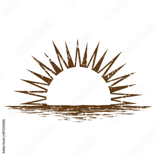 Drawing Vintage Brown grungy sun rising over water surface  abstract illustration