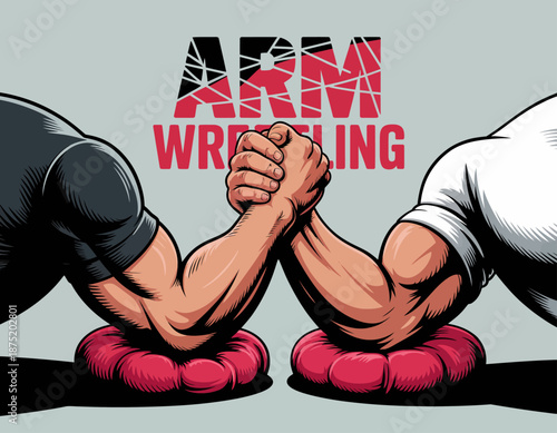 An intense moment captured in an arm wrestling match showing the determination and competition between two muscular arms, representing strength and willpower in a striking format.
