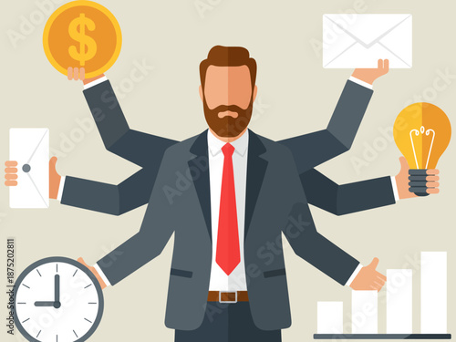 A stylized representation of a businessman with multiple arms, each holding tools of productivity, symbolizing the ability to juggle many tasks efficiently in the modern work environment.
