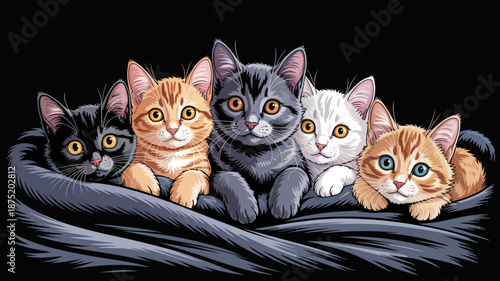 This image features five adorable cats of different colors snuggled together, showcasing their unique patterns, expressions, and the warmth of their companionship.