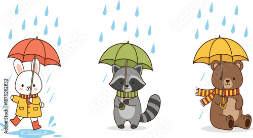 Cute Animals in Rain Character Set with White Bunny, Raccoon, and Brown Bear Holding Colorful Umbrellas.
