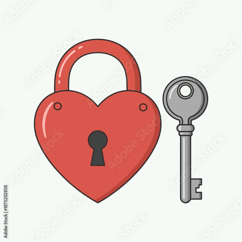Vibrant red heart-shaped padlock and its matching grey key portraying secure emotional bonds and