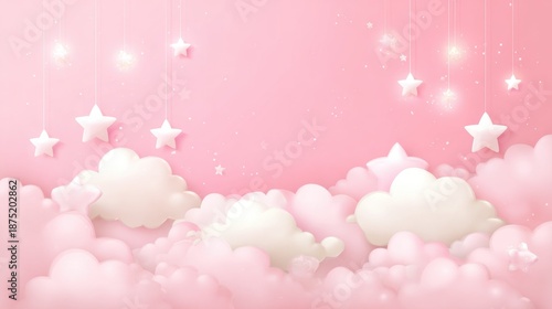 Soft 3D clouds with moon and stars pink background for baby shower and nursery design. Cute dreamy scene for newborn invitation, kids poster and children decor.