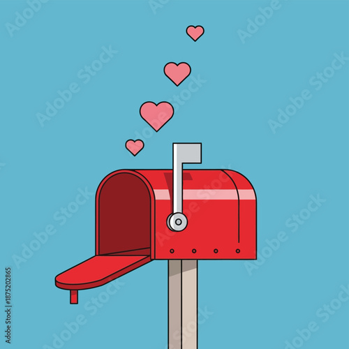 Vibrant red mailbox sending out numerous pink hearts into a clear blue sky expressing deep affection