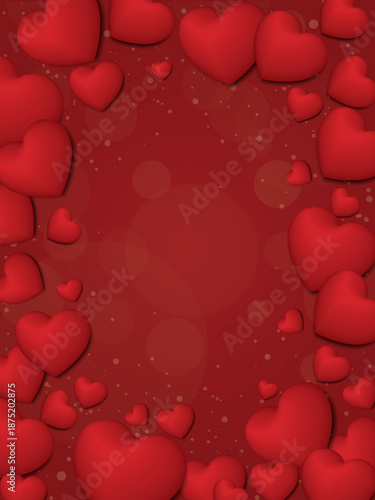 Many red heart balloons frame on red background with bokeh and sparkle effect