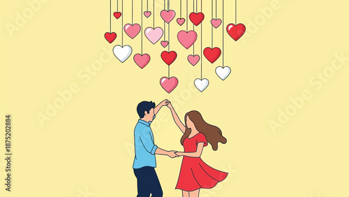 A loving couple enjoys a delightful dance beneath an array of colorful floating hearts,