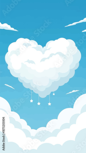 Dreamy heart-shaped cloudscape with whimsical stars dangling gently under a vast azure sky