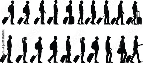 Travel silhouette set with suitcases, walking and standing poses, black vector illustration, editable design, isolated tourism icons