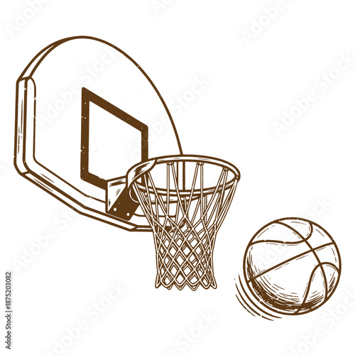 Drawing Vintage Brown illustration of a basketball hoop and ball on white background