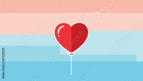 Red heart balloon soaring peacefully against a serene two-tone horizon, celebrating love and joy
