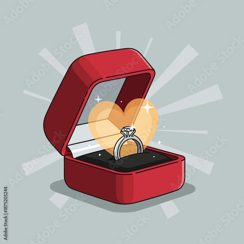 Sparkling engagement ring presented in a vibrant red box with radiating heart for a special moment
