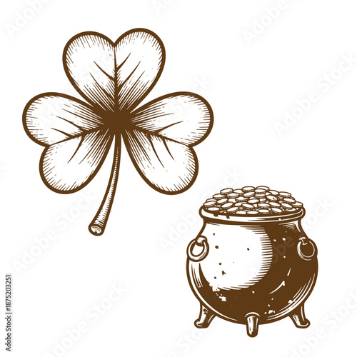 Drawing Vintage Brown illustration of a four leaf clover and a cauldron filled with gold coins on white background  symbolizing good luck and wealth