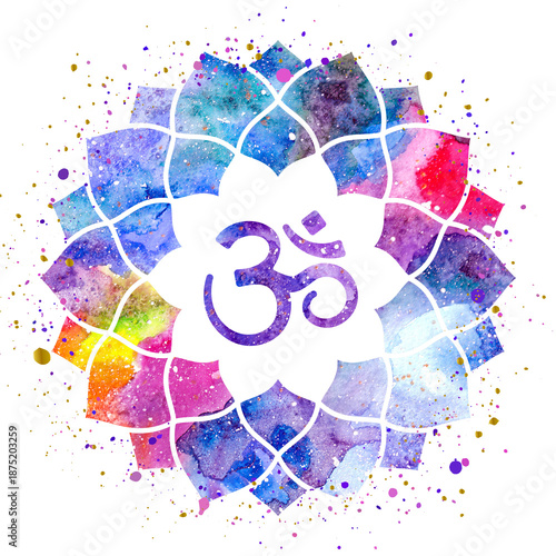 Om symbol painted inside a flower frame or mandala, watercolor cosmic space blue purple pink texture, splashes of paint, colorful bright illustration. Can be used for prints, printing design.