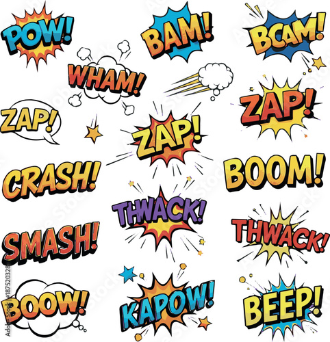  Create kinds of Different yeah comic word with Carton symbol on white Background.