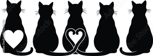 Cat silhouette set with heart shapes, black and white design, affectionate feline illustration, minimal pet graphic, romantic animal icon