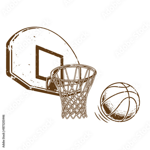 Drawing Vintage Brown illustration of basketball hoop and ball in motion on white background