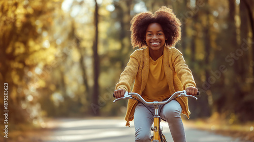 Smiling Afro-American teen girl rides a bike down an empty road surrounded by trees in the afternoon light