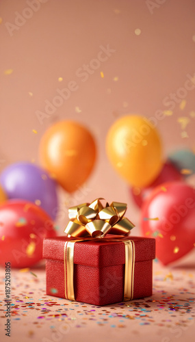 Red gift box with a golden ribbon bow on a festive background with colorful balloons and glitter. Concept of birthday, holidays, Black Friday sales, promotions, special offers, surprise gifts