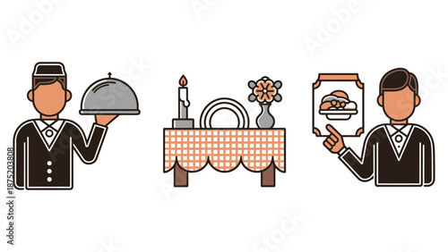 Two waiters presenting food and a table setting in a restaurant