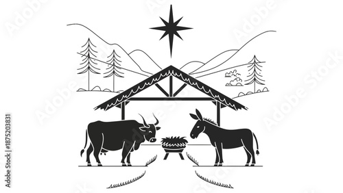 A black and white illustration of a nativity scene with animals