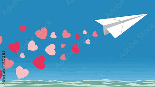 Whimsical paper airplane soaring through a vibrant blue sky leaving a beautiful stream of hearts